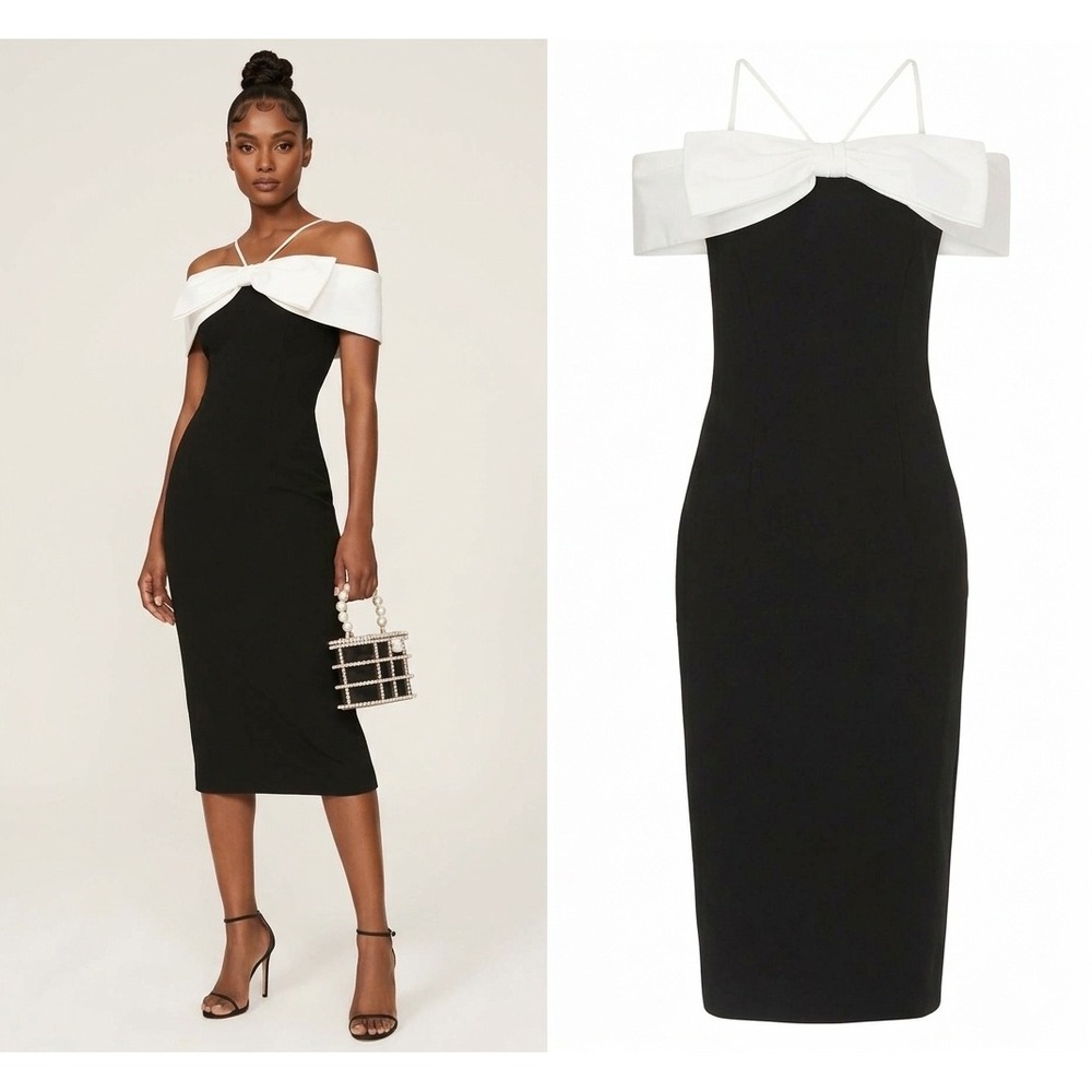 Rebecca Vallance Hepburn Bow Midi Dress Black White Off Shoulder US 6